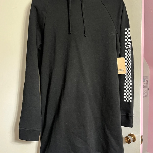 OFF THE WALL VANS FUNDAY HOODIE DRESS BLACK WITH PLAID ACCENTS SWEATER NWT - Picture 2 of 6